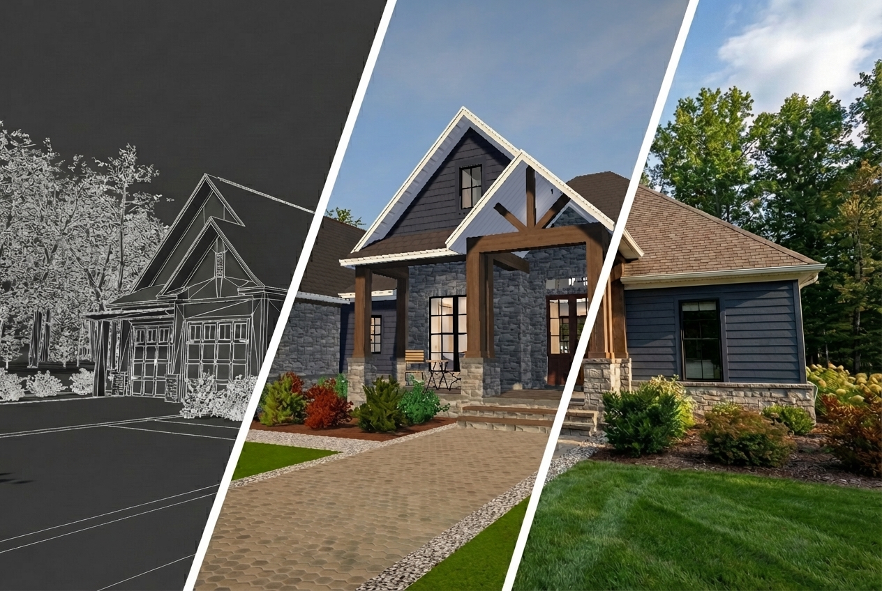 Home transforming from wireframe to 3D model to photorealistic render